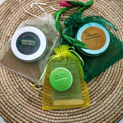 Chez Africa | The Essential Blends Set. Shea Smoothing Skin Butter, Rich Shea Hair Pomade, Shea Fresh Deodorant.